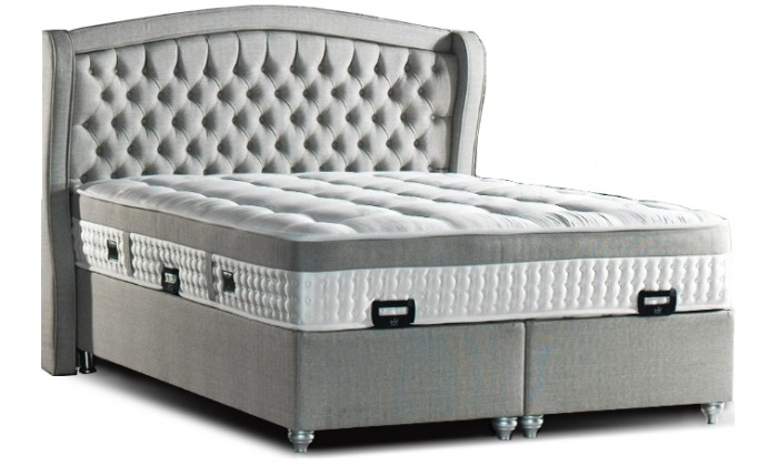 Lit boxspring avec coffre rangement matelas complete gris CARESSE