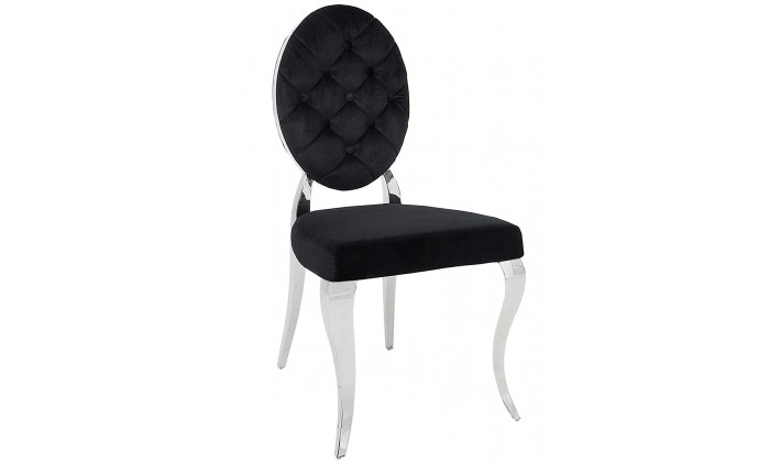 Chaises design pied baroque en acier inoxydable poli et recouvrement en velours noir BARONELI