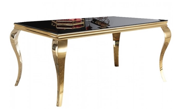 Table de salle à manger design baroque en acier gold poli et verre trempé sécurit noir 12mm CASTER